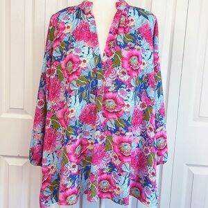 Meritt Blue & Pink Multi Floral V-Neck A-Line Swing Tunic w/ Pockets
